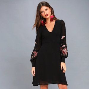 ASTR Holly Black Embroidered Long Sleeve Dress